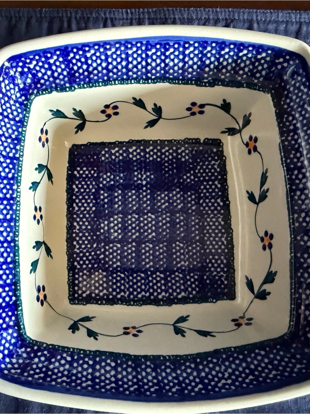 Bolesławiec Hand-Painted Blue and White Square Ceramic Serving Bowl